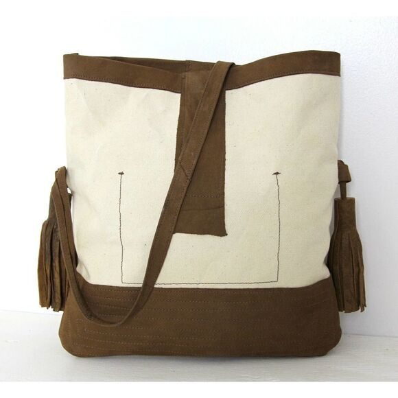 HANDMADE MURKA NATURAL IVORY CANVAS BROWN LEATHER TASSEL FOLD OVER SHOULDER BAG - Picture 10 of 11
